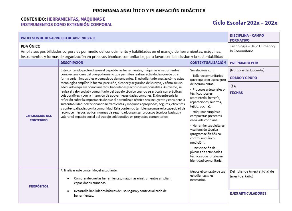 Tecnología 3: Programa Analítico, Planeaciones y Recursos Didácticos 2 Cuadro sinóptico en español para una clase de tecnología sobre herramientas, máquinas e instrumentos. Detalla objetivos, procesos y expectativas de aprendizaje, e incluye secciones de contextualización y calificación.