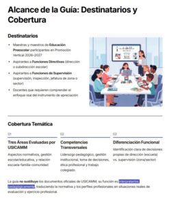 Documento en español que detalla el alcance, los destinatarios y la cobertura temática de una guía para maestros de preescolar y personal de supervisión, con un grupo ilustrado colaborando en torno a una mesa e iconos educativos de fondo.