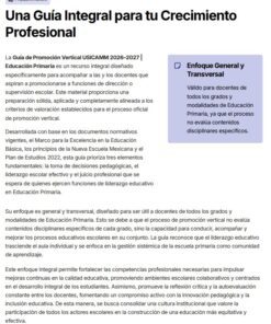 Página informativa en español sobre una guía integral para el crecimiento profesional docente en Educación Primaria. Incluye texto descriptivo, viñetas y un recuadro azul con un enfoque general y transversal útil para maestros de todos los grados.