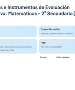 Portada para una rúbrica de evaluación de matemáticas de 2º de ESO. Enumera el grado, la asignatura, los temas principales (notación científica y números grandes/pequeños) y el Plan 2022; con espacios para el profesor, el grupo y el curso escolar.