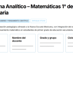 Una plantilla de portada para un plan de estudios de matemáticas de 1º de secundaria con campos para el nombre del centro, el profesor, el curso/grupo y el año escolar. Destaca el enfoque STEAM y el pensamiento científico en el plan de estudios.