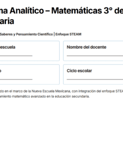 Plantilla para un programa de matemáticas de secundaria en español con espacios para rellenar el nombre de la escuela, el nombre del profesor, el curso y el grupo, y el año escolar, con un enfoque STEAM para el pensamiento matemático avanzado.