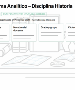 Plantilla para un programa de historia de secundaria. Incluye espacios para llenar el nombre de la escuela, nombre del maestro, grado y grupo, y año escolar. El encabezado hace referencia al enfoque ABP y al modelo de la Nueva Escuela Mexicana.
