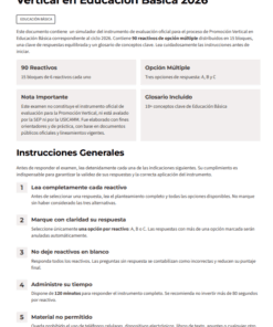 Examen de Promoción Vertical en Educación Básica 2026 | USICAMM | 90 Reactivos 6 Captura de pantalla de un simulador de examen en español para la Promoción Vertical de Educación Básica 2026. Incluye instrucciones, formato del examen (90 preguntas, tipo test), un glosario y normas de respuesta y materiales permitidos.