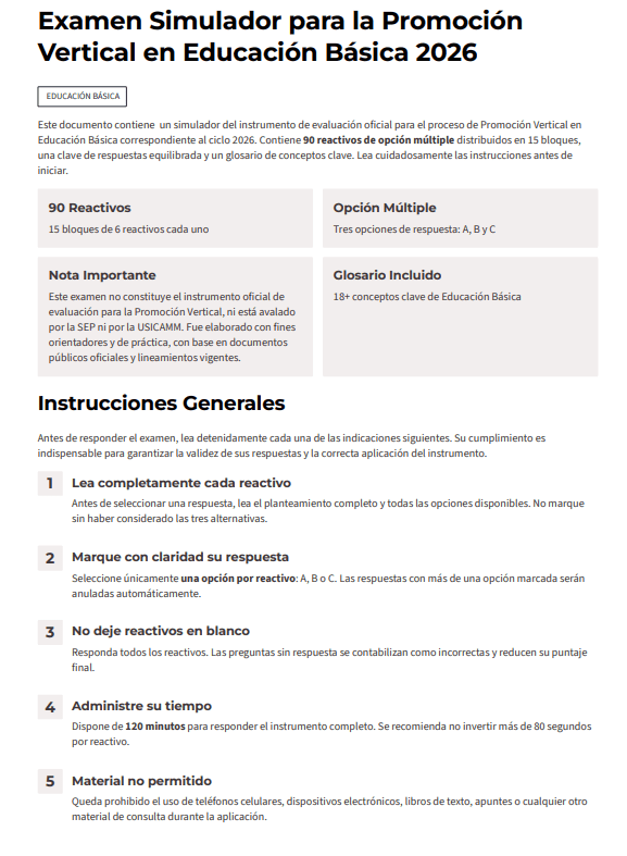 Examen de Promoción Vertical en Educación Básica 2026 | USICAMM | 90 Reactivos 2 Captura de pantalla de un simulador de examen en español para la Promoción Vertical de Educación Básica 2026. Incluye instrucciones, formato del examen (90 preguntas, tipo test), un glosario y normas de respuesta y materiales permitidos.