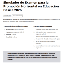 Examen de Promoción Horizontal en Educación Básica 2026 | USICAMM | 90 Reactivos 6 Captura de pantalla de una página web titulada