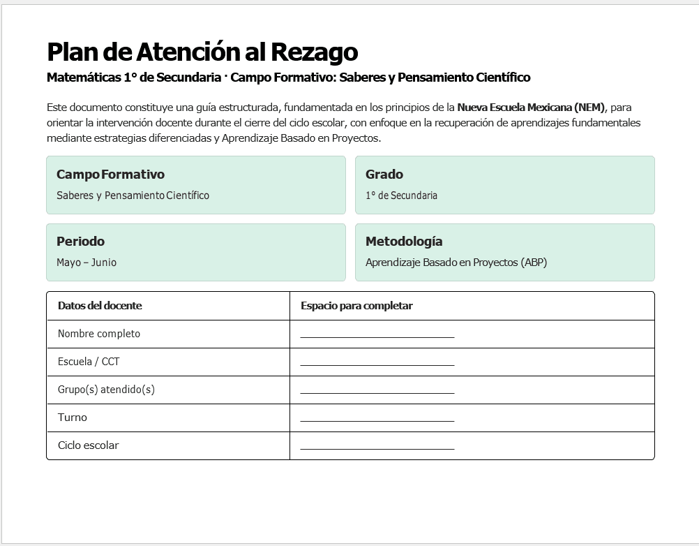 Plan de Atención al Rezago Matemáticas 1° Secundaria (NEM) | Cierre de Ciclo Escolar Mayo-Junio | Editable en Word con Evaluación Final 2 Un formulario titulado "Plan de Atención al Rezago" para Matemáticas de 1er grado de secundaria, con secciones para área formativa, grado, período, metodología, y campos en blanco para información de la escuela y el grupo.