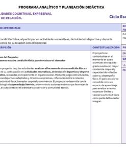 Plantilla de tabla para un plan de lección educativa en español, que esboza el proceso de aprendizaje, los objetivos, la explicación del proyecto, la contextualización y los detalles del tema relacionado para la educación física. El texto es principalmente negro y morado.