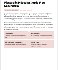 Documento de planificación de una clase de inglés de 2º de secundaria, que muestra una visión general con el recuento de sesiones, los temas de contenido, el enfoque de aprendizaje basado en proyectos y un resumen en español dentro de recuadros con borde rojo.