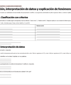 Hoja de ejercicios en español con secciones sobre clasificación e interpretación de datos científicos. Incluye tablas para clasificar seres vivos y no vivos, y preguntas sobre temperaturas registradas en diferentes momentos.