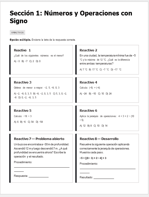 Plan de Atención al Rezago Matemáticas 1° Secundaria (NEM) | Cierre de Ciclo Escolar Mayo-Junio | Editable en Word con Evaluación Final 11 Página de examen titulada "Sección 1: Números y Operaciones con Signo", con ocho reactivos de opción múltiple y un problema abierto, todos sobre operaciones matemáticas con números positivos y negativos.