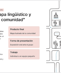 Diapositiva que describe un proyecto de mapa lingüístico y cultural. Incluye un texto en el que se esbozan los objetivos, lo que aprenderán los alumnos y cómo lo presentarán, junto con dibujos lineales de edificios, árboles e iconos en azul y negro a la derecha.