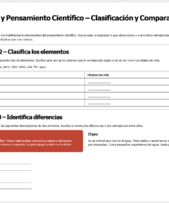 Planeaciones NEM 1° Primaria 2026-2027 Editables en Word | Proyectos, Evaluación Formativa y Ciclo Completo 22 Hoja de ejercicios en español sobre el conocimiento y el pensamiento científicos. Incluye tablas para clasificar objetos como vivos o no vivos y una sección para comparar un perro y un pez con espacios para enumerar semejanzas y diferencias.