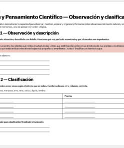 Captura de pantalla de una ficha de ciencias en español con secciones de observación y clasificación. Incluye una breve historia sobre plantas y tablas en blanco para clasificar animales y plantas en función de unas características dadas.