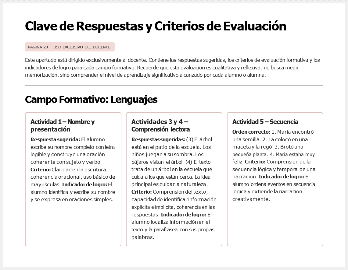 Planeaciones NEM 1° Primaria 2026-2027 Editables en Word | Proyectos, Evaluación Formativa y Ciclo Completo 12 Captura de pantalla de una sección del documento titulada "Clave de Respuestas y Criterios de Evaluación" con descripciones de actividades y criterios de evaluación para el aprendizaje de idiomas, organizados en tres recuadros bajo "Campo Formativo: Lenguajes".