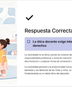 Ilustración de una profesora arrodillada hablando con dos niñas, con un cuadro de texto que dice 