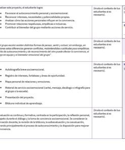 Cuadro en español que describe los elementos de la planificación educativa: propósitos, situación generada, productos esperados, evaluación de la formación, ejes clave y notas. Cada sección enumera objetivos y detalles relacionados con el desarrollo del alumno.