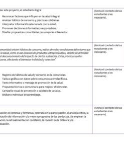 Integración Curricular 3: Programa Analítico, Planeaciones y Recursos Didácticos 9 Un gráfico en español resume el plan de un proyecto. Tiene cuatro filas principales: propósitos, situación/problema, productos esperados y estrategia de evaluación, cada una con objetivos o descripciones, y columnas para notas de contexto, fecha y notas adicionales.