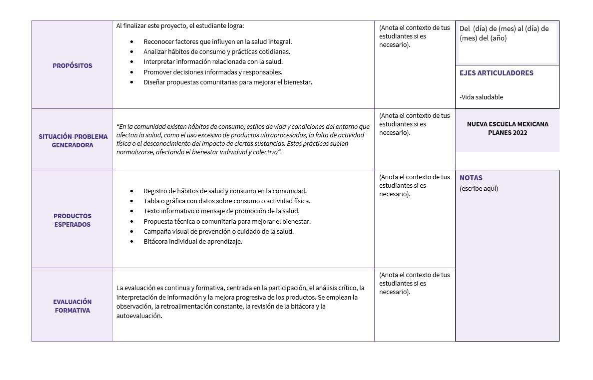 Integración Curricular 3: Programa Analítico, Planeaciones y Recursos Didácticos 3 Un gráfico en español resume el plan de un proyecto. Tiene cuatro filas principales: propósitos, situación/problema, productos esperados y estrategia de evaluación, cada una con objetivos o descripciones, y columnas para notas de contexto, fecha y notas adicionales.