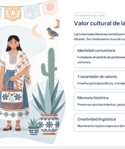 Una mujer vestida con el traje tradicional mexicano se encuentra entre cactus y cerámica, con coloridos estandartes de papel picado sobre ella. El texto en español describe el valor cultural de las creaciones literarias. La diapositiva tiene una paleta de colores suaves y pastel.