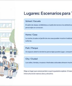 Un grupo de alumnos con uniforme escolar se reúnen y charlan en el exterior de un edificio escolar. A la derecha, unos cuadros de texto azules describen los distintos escenarios de la historia: la escuela, la casa, el parque y la ciudad, con breves explicaciones para cada uno de ellos.