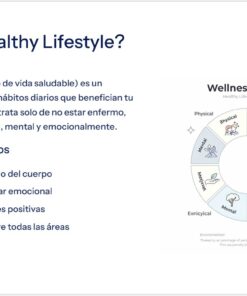 Diapositiva que habla de un estilo de vida saludable, con texto en español que explica los componentes: salud física, salud mental, salud social y equilibrio. A la derecha, un diagrama circular de la Rueda del Bienestar con iconos relacionados para cada área de salud.