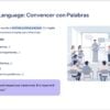 Diapositiva sobre lenguaje persuasivo en inglés y español. Izquierda: frases clave en inglés, explicaciones y un ejemplo en un recuadro morado. Derecha: ilustración de un profesor hablando a los alumnos en un aula.