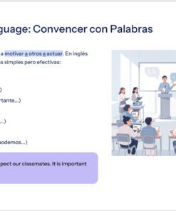 Diapositiva sobre lenguaje persuasivo en inglés y español. Izquierda: frases clave en inglés, explicaciones y un ejemplo en un recuadro morado. Derecha: ilustración de un profesor hablando a los alumnos en un aula.