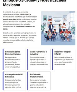 Captura de pantalla de una página informativa sobre USICAMM y Nueva Escuela Mexicana, con un grupo ilustrado de adultos y niños diversos, y seis secciones que describen principios como los derechos humanos, la inclusividad y la enseñanza transformadora.