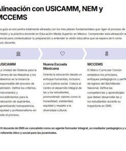 Un diagrama en español explica la alineación de USICAMM, Nueva Escuela Mexicana (NEM) y MCCEMS, delineando sus funciones y pilares en el proceso educativo de los profesores de educación media superior.