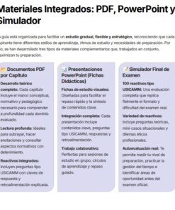 Captura de pantalla de una página web que enumera tres tipos de materiales de estudio integrados: Documentos PDF, presentaciones PowerPoint y un simulador de examen final, cada uno con una breve descripción y un icono. Los títulos de las secciones están resaltados.