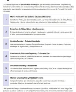 Captura de pantalla de la organización temática de una guía, en la que se enumeran seis temas educativos clave: marco jurídico, derechos del niño, liderazgo escolar, convivencia y seguridad, desarrollo infantil y el plan de estudios 2022 con prácticas docentes.