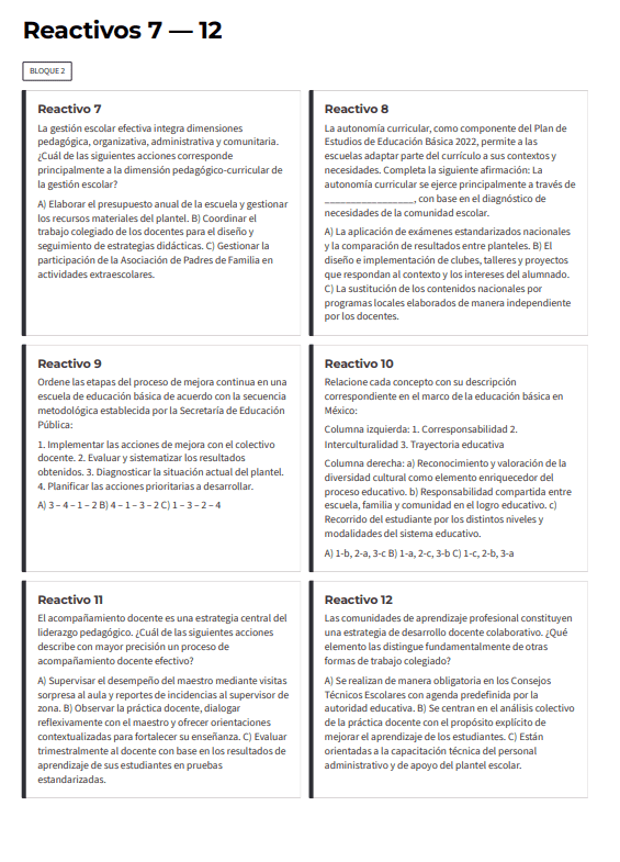 Examen de Promoción Vertical en Educación Básica 2026 | USICAMM | 90 Reactivos 3 Captura de pantalla de un documento titulado "Reactivos 7-12, Bloque 2", que muestra seis preguntas en recuadro relacionadas con la gestión educativa y el currículo. El diseño está estructurado en dos columnas, cada una con tres casillas de texto.