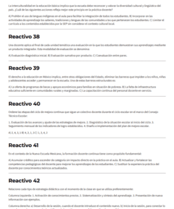 Captura de pantalla de un documento que muestra preguntas escritas sobre educación etiquetadas como Reactivos 37 a 42, cada una con un breve escenario y respuestas de opción múltiple, en español, sobre estrategias de enseñanza y política educativa.