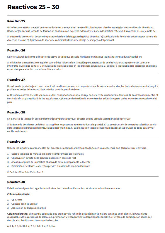 Examen de Promoción Horizontal en Educación Básica 2026 | USICAMM | 90 Reactivos 3 Una página titulada "Reactivos 25 - 30" con seis preguntas educativas de opción múltiple en español sobre gestión escolar, participación social e inclusión educativa, cada una seguida de cuatro opciones de respuesta etiquetadas de la A a la D.