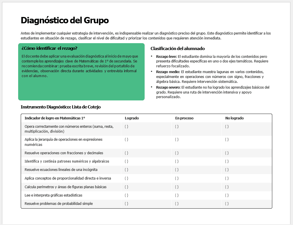 Plan de Atención al Rezago Matemáticas 1° Secundaria (NEM) | Cierre de Ciclo Escolar Mayo-Junio | Editable en Word con Evaluación Final 3 Formulario de diagnóstico educativo en español para evaluar las habilidades matemáticas de los alumnos. Incluye secciones sobre cómo identificar el retraso académico, la clasificación de los alumnos y una lista de comprobación con indicadores para evaluar las capacidades matemáticas de los alumnos.