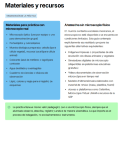 Captura de pantalla de un documento en el que se comparan materiales para la práctica real del microscopio (por ejemplo, verduras, lápices de colores, diapositivas) con alternativas que utilizan recursos digitales, haciendo hincapié en la indagación frente al uso de herramientas en la enseñanza de las ciencias.