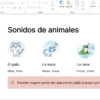 Kit Didáctico para Explorar los Sonidos y las Canciones Preescolar - Word, PowerPoint y PDF 7 Diapositiva «Sonidos de animales» con ilustraciones de un gato, una vaca, una rana y un pato, sus sonidos y una nota para el profesor.