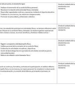 Un cuadro en español con cuatro filas principales: 