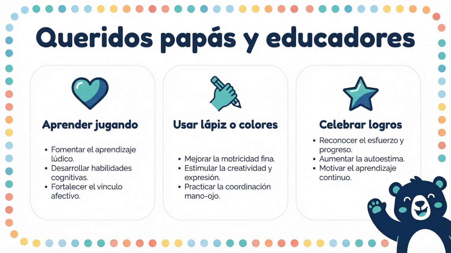 Colores y Formas – Aprendo Jugando 2 Colorida infografía en español para padres y educadores. Enumera tres consejos: aprender jugando, usar lápices o colores y celebrar los logros, cada uno con iconos relacionados y un oso feliz saludando en la esquina inferior derecha.