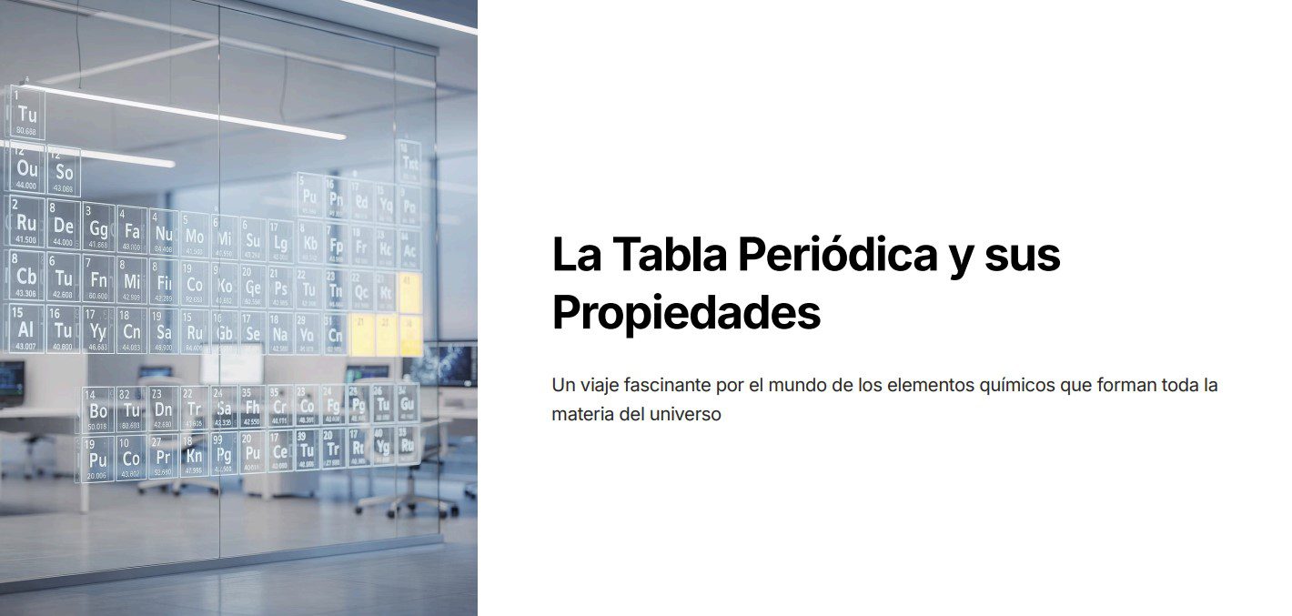 Química 3: Programa Analítico, Planeaciones y Recursos Didácticos 4 Pared de cristal con elementos de la tabla periódica expuestos en una oficina moderna; el texto en español dice "La Tabla Periódica y sus Propiedades" con una breve descripción sobre los elementos que componen el universo.