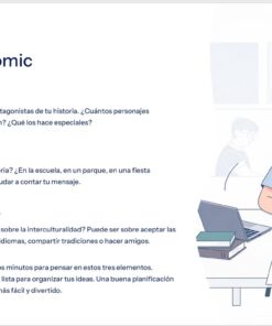 Una persona está sentada en un escritorio dibujando paneles de cómic, rodeada de material artístico, con los pasos de planificación para crear un cómic enumerados a la izquierda, incluida la elección de los personajes, el escenario y el mensaje.