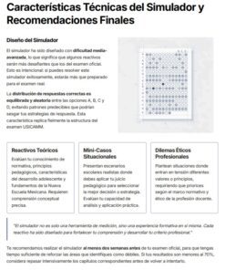 Un documento en español explica las características técnicas de un simulador, con secciones sobre reactivos teóricos, minicasos situacionales, dilemas éticos y una tabla en la parte superior derecha que muestra una cuadrícula de preguntas.