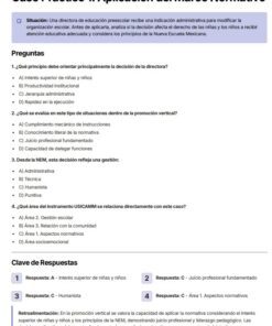 Captura de pantalla de un caso práctico en español sobre la aplicación de un marco normativo en la educación. Incluye una situación, preguntas de opción múltiple y una clave de respuestas con explicaciones y clasificaciones por áreas.