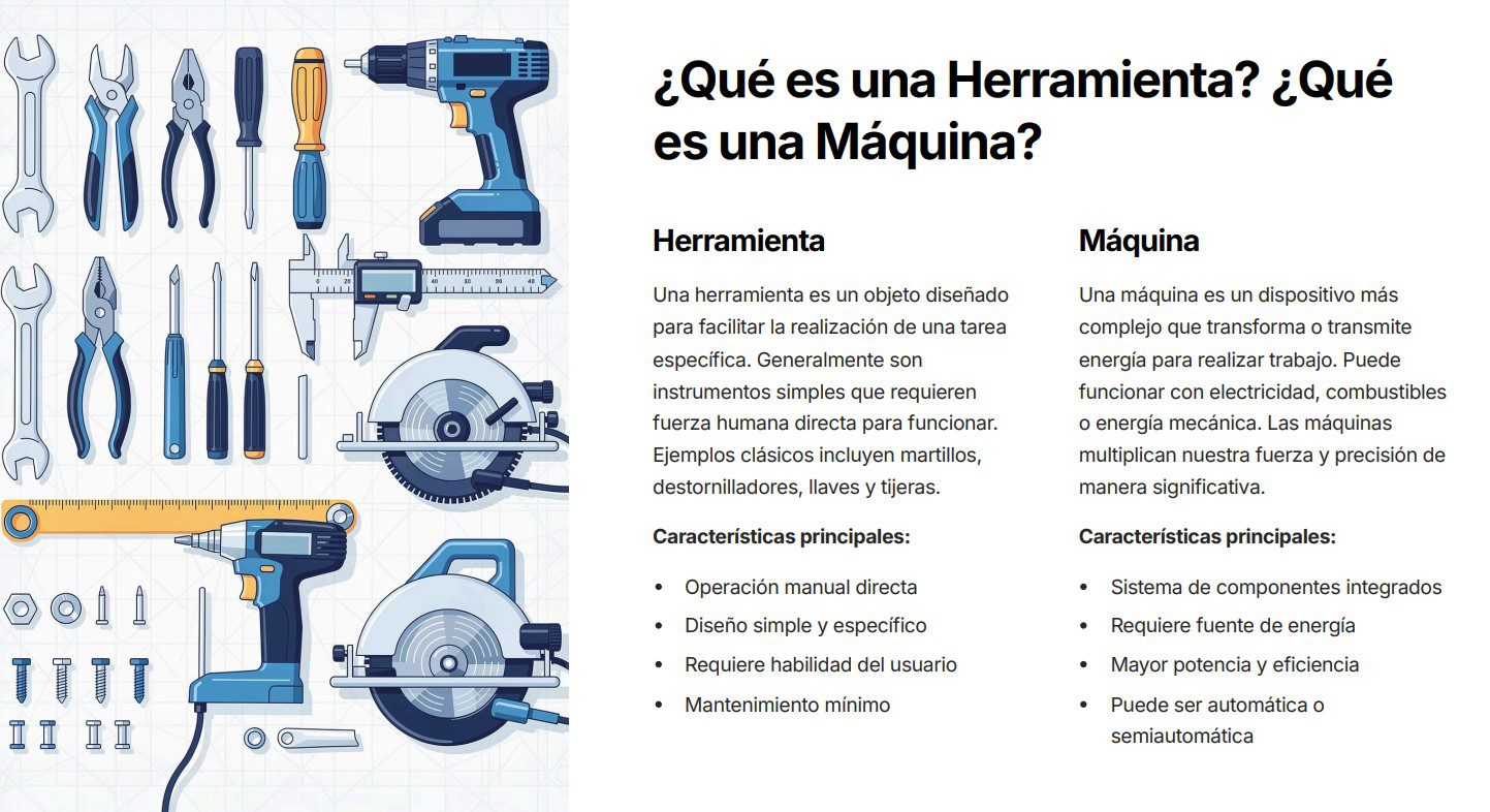 Tecnología 3: Programa Analítico, Planeaciones y Recursos Didácticos 4 Una infografía en español compara las herramientas manuales y eléctricas, mostrando ilustraciones de destornilladores, llaves inglesas, alicates, un taladro, sierras y una lijadora, con un texto que explica las diferencias entre herramientas y máquinas.