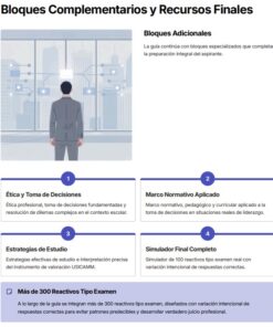 Un hombre trajeado frente a grandes ventanales con vistas a la ciudad. Debajo, los cuadros de texto destacan bloques de estudio adicionales: ética y toma de decisiones, normativa aplicada, estrategias de estudio, un simulador de examen completo y más de 300 preguntas de muestra.