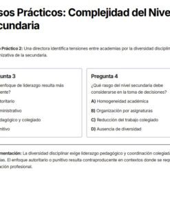 Captura de pantalla de un documento educativo en español con preguntas sobre enfoques de liderazgo en la escuela secundaria, que ofrece respuestas de opción múltiple y una sección de comentarios sobre diversidad disciplinaria y liderazgo pedagógico.