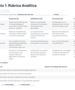 Rúbrica analítica para evaluar conversión entre fracciones y decimales, con criterios de procedimiento, estrategia y resultado final, cuatro niveles de desempeño, y tres ejercicios para resolver.