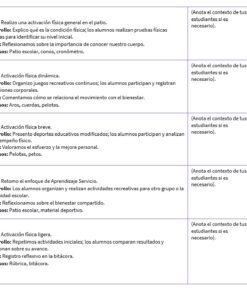 Un cuadro en español resume las lecciones de educación física para nueve sesiones. En cada sesión se detallan los objetivos, las actividades y los recursos necesarios. Junto a la información de cada sesión hay una columna en blanco para notas.
