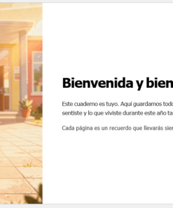 Ilustración de un joven sonriente con una mochila frente a la entrada de una escuela al amanecer. Junto a él, un texto en español da la bienvenida a los alumnos y explica la finalidad de un cuaderno de recuerdos.